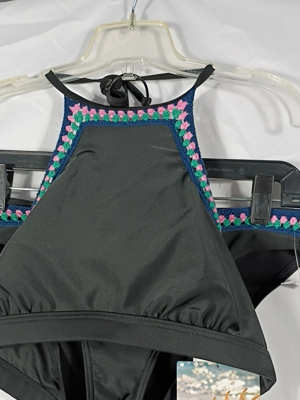 NWT Seekers Australia High Neck Black Bikini with Pink & Teal Trim Womens Sz 10